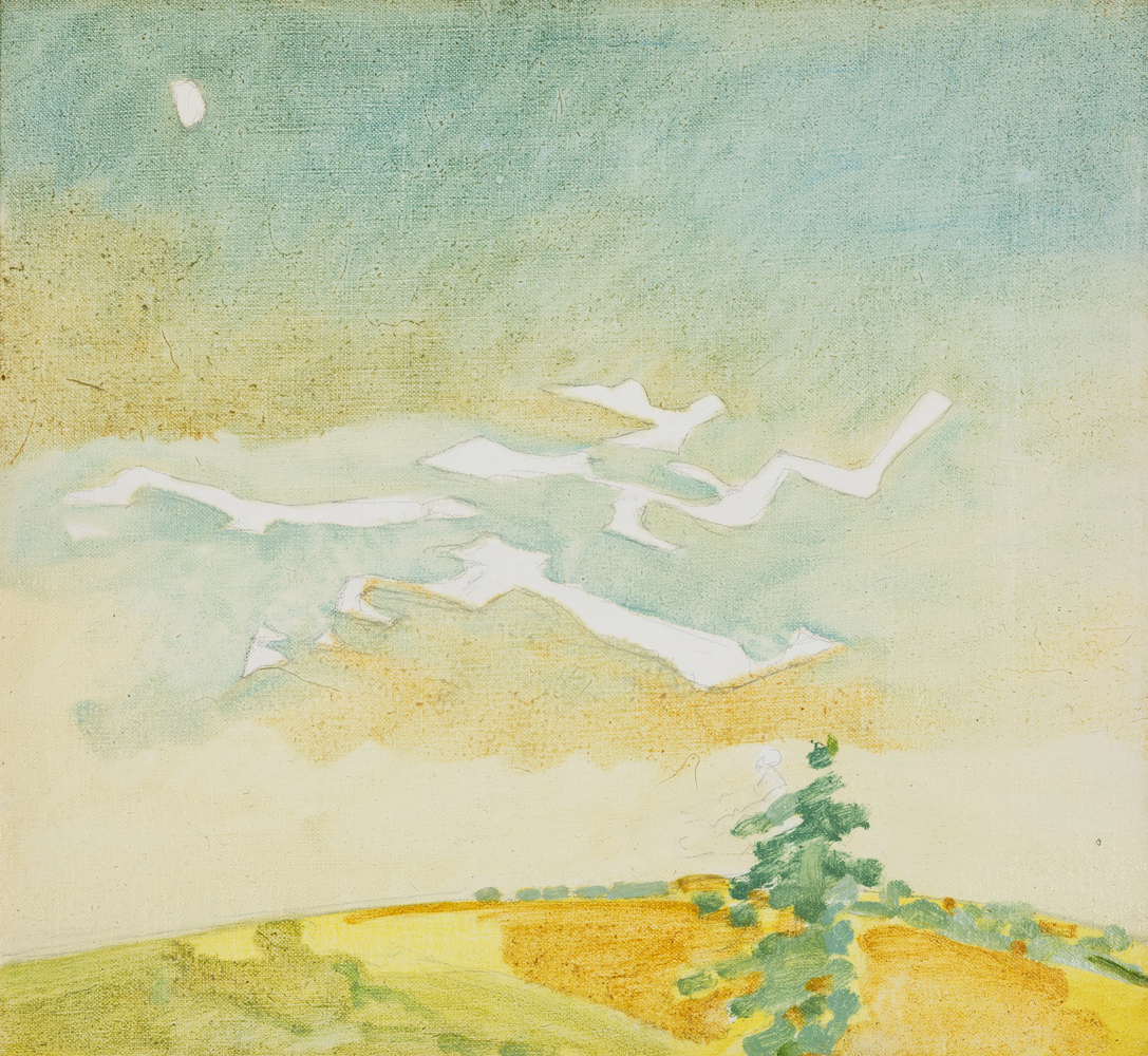 Afternoon Moon + Clouds over Field + Tree, 1966, oil on linen, 11 x 12 inches
