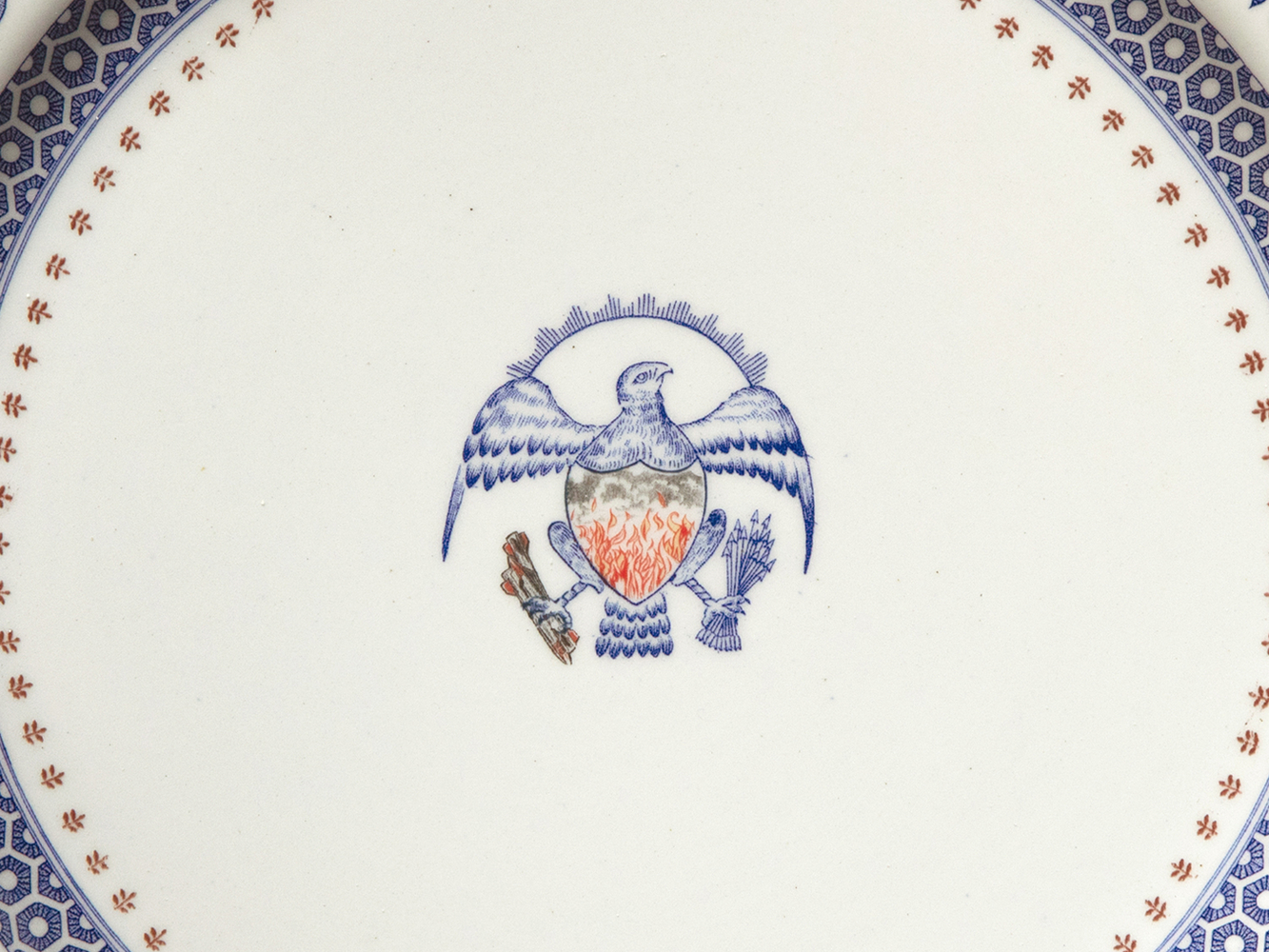 PAUL SCOTT

Cumbrian Blue(s), New American Scenery, Heritage and The Sleep of Reason, 2025

Transfer print collage and gold on pearlware plate

11.25&amp;rdquo; Dia. x 0.5&amp;rdquo; D