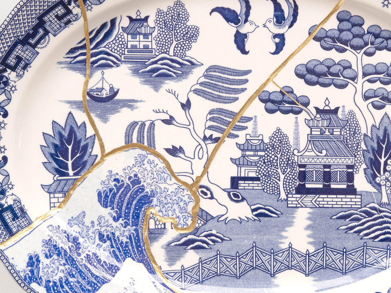 PAUL SCOTT

Cumbrian Blue(s), Fukushima No.11, 04/04/11/24, 2025

Transfer print collage on broken and re-assembled willow pattern platter, marked Japan (c.1965) with Kintsugi

13.75&amp;quot; H &amp;times; 18&amp;quot; W &amp;times; 1.5&amp;quot; D