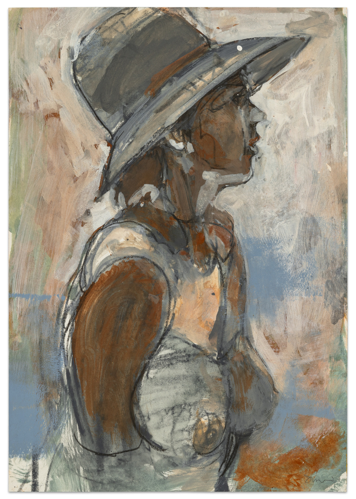 Kim Frohsin Woman with Sun Hat, n.d.| acrylic, gouache, ink, and pencils on paper 12 1/2 x 8 5/8 in.