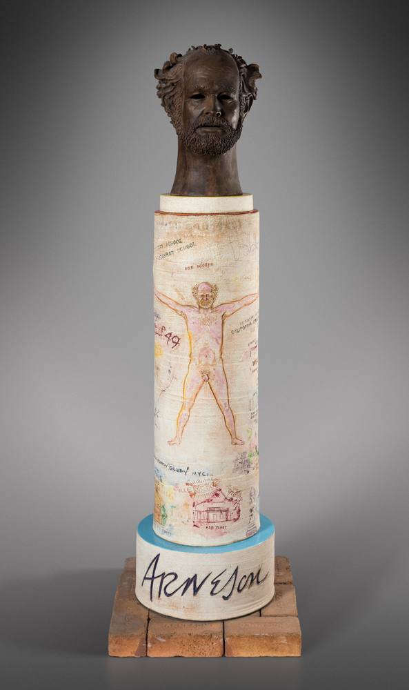 Robert Arneson Bio Bob, 1982 bronze, A.P. 1 with unique ceramic vase 70 3/4 x 22 1/2 x 22 1/2 in.