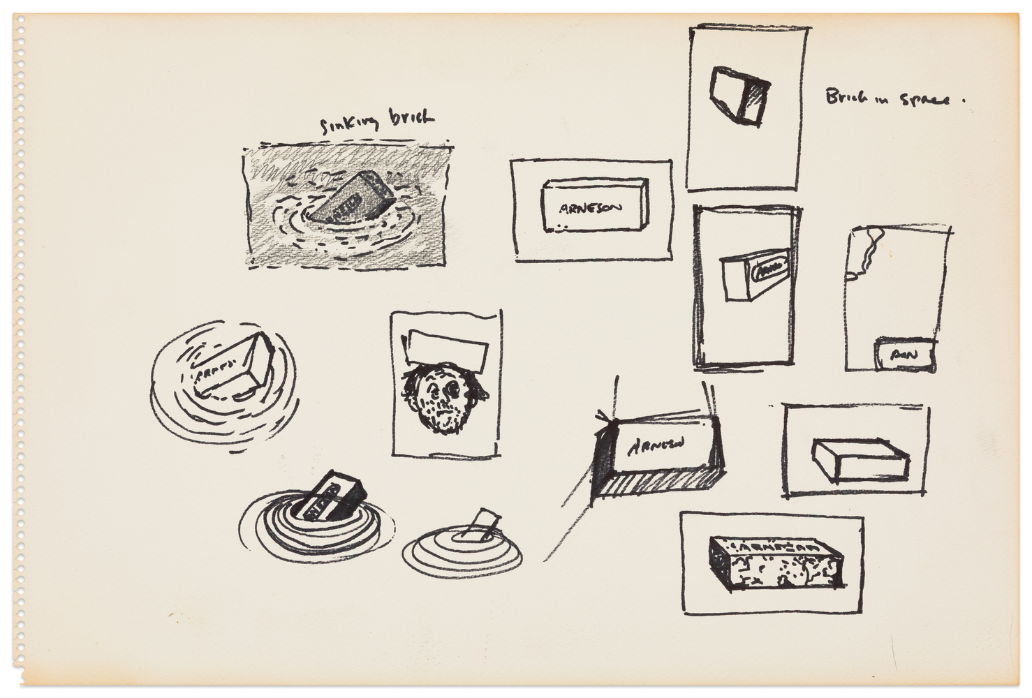 Robert Arneson Sinking Brick/Brick in Space, 1976 ink on paper 12 x 17 3/4 in.