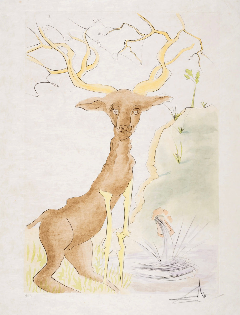Salvador Dalí, The Bestiary of La Fontaine Dalinise - The Deer Seeing Itself in Water, 1974