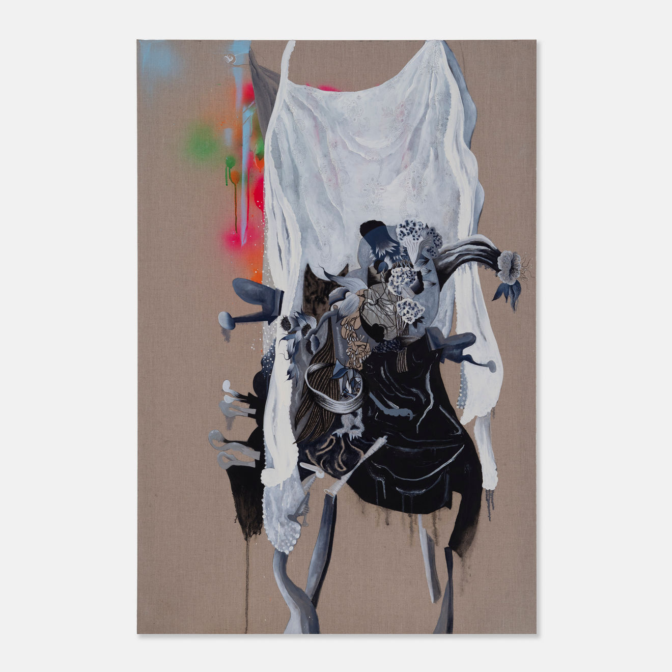 Josh Robbins, Dead Crow, Dead Mouse Holding Cheese, Foam Skull, CD Holder, Dead Flowers, Tin Can, Syringes, Bull Dog Clips, Black Velvet, Lace and Table Legs (Fluro Dots), 2022