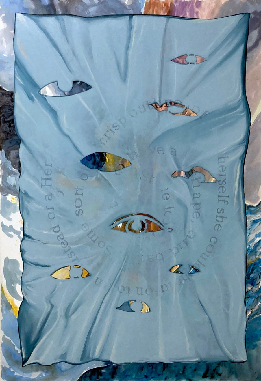 Titania Seidl, How to become the I not the Her 160 x 110cm text gun & watercolor on canvas 7, 2024