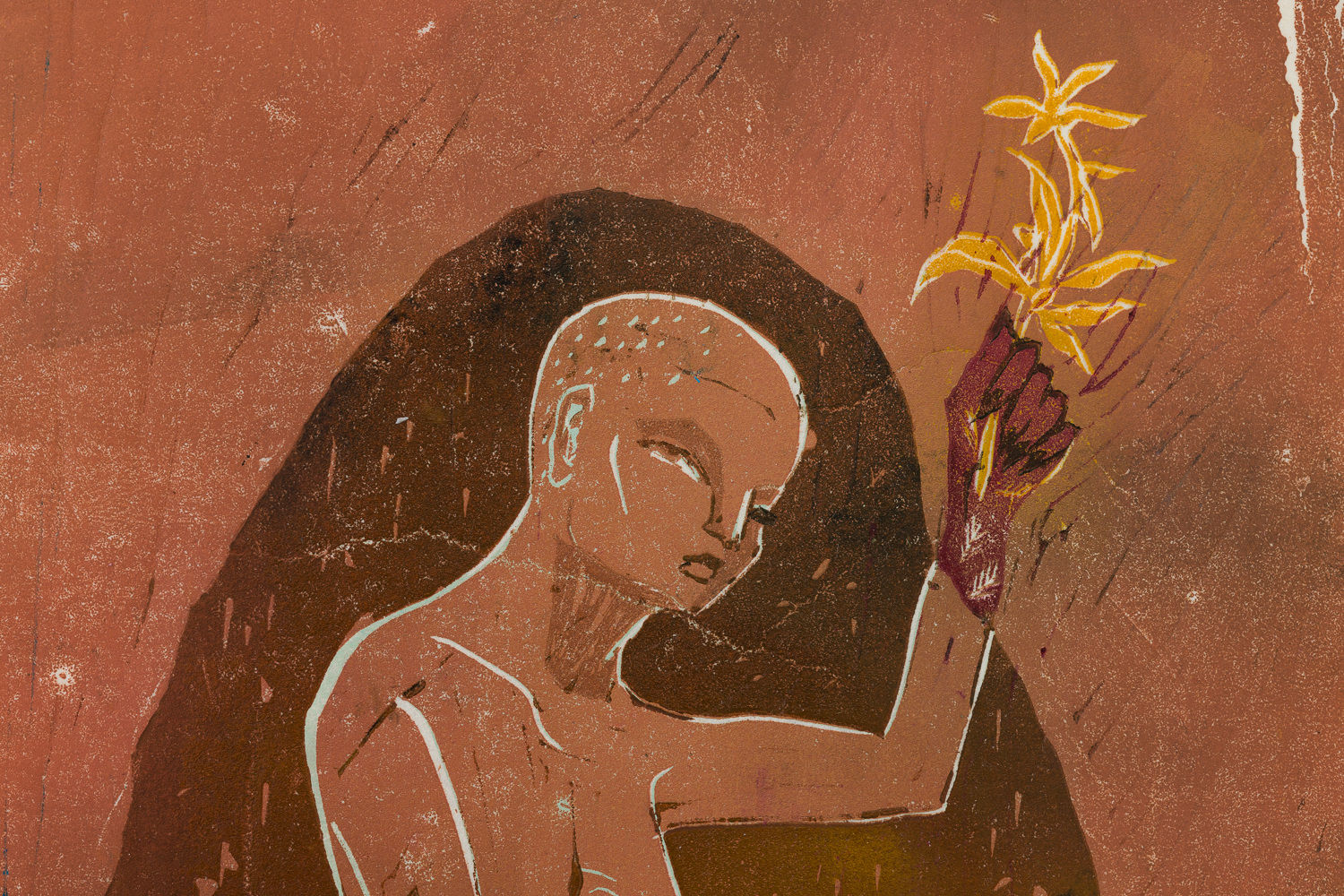 Female figure holding plant in Alexi Marshall's print