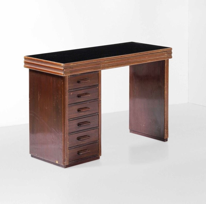 Osvaldo Borsani, Wood frame desk with recessed stained glass top. Coverings made of grissinated wood., Prod. Italy, 1940 ca.