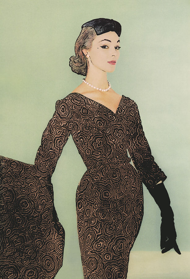 Claude Ferrand, Femme aux gants noirs, Procédé au trait, Campagne Vogue, 1953