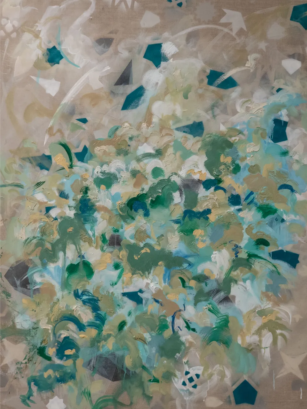 Blue and dark green abstract painting on linen by Latifa Alajlan. GALERIE FARAH FAKHRI