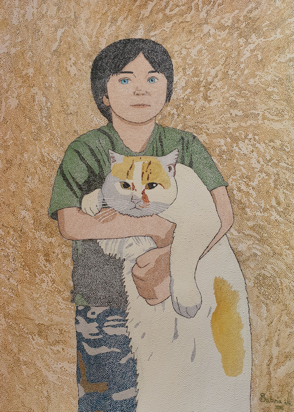 Sabina Mezhidova, Little boy with a fat cat, 2025
