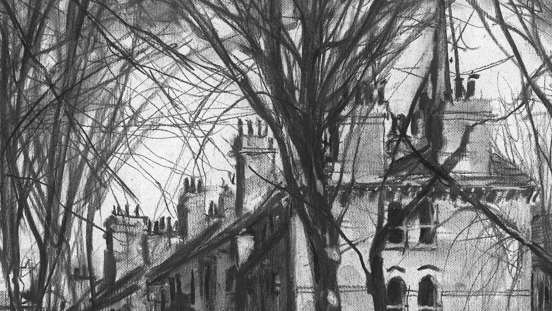 Gerard_Byrne_Dog_Walkers_on_Dartmouth_Square_contemporary_impressionism_charcoal_sketch_detail
