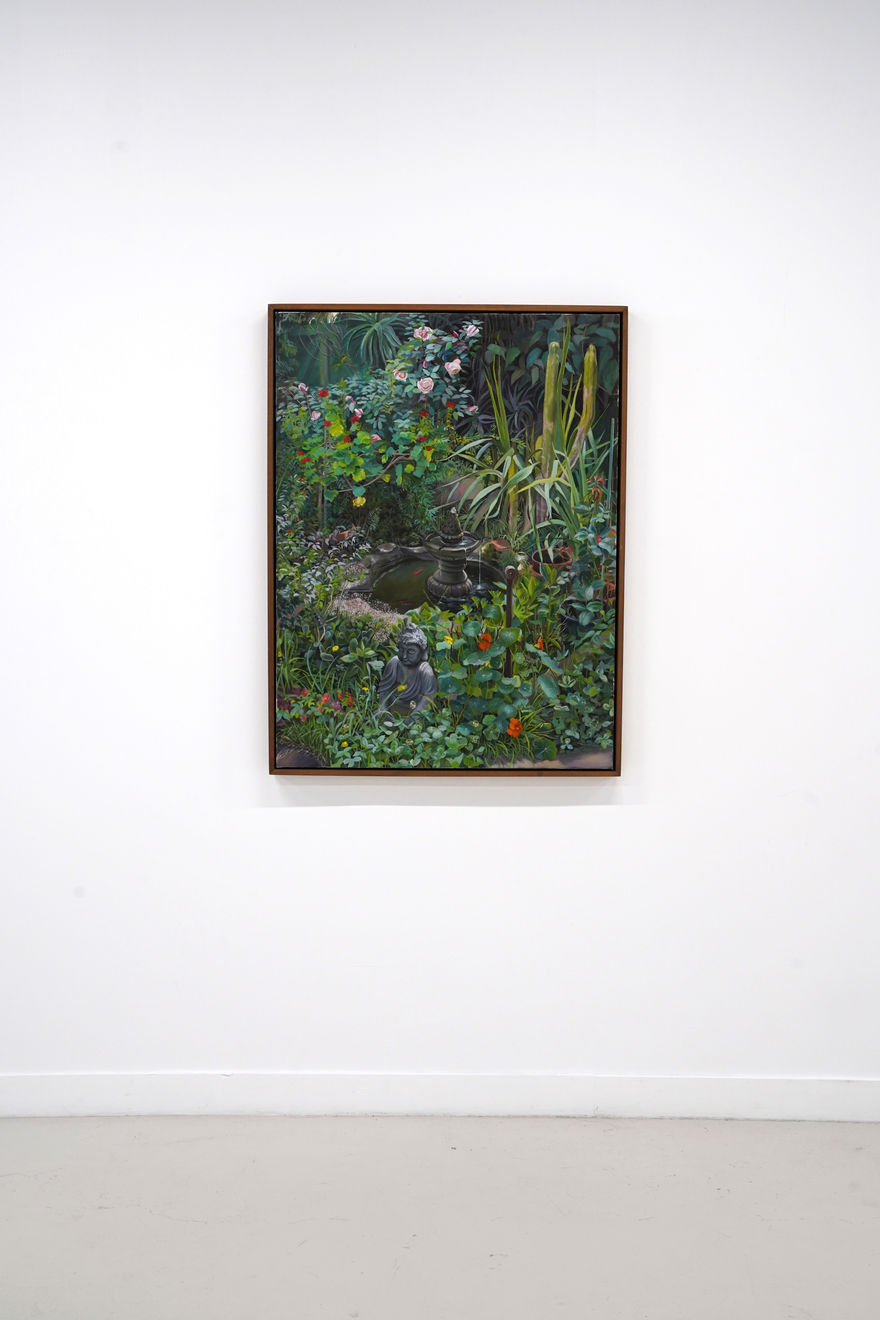 plein air painting of an overgrown backyard