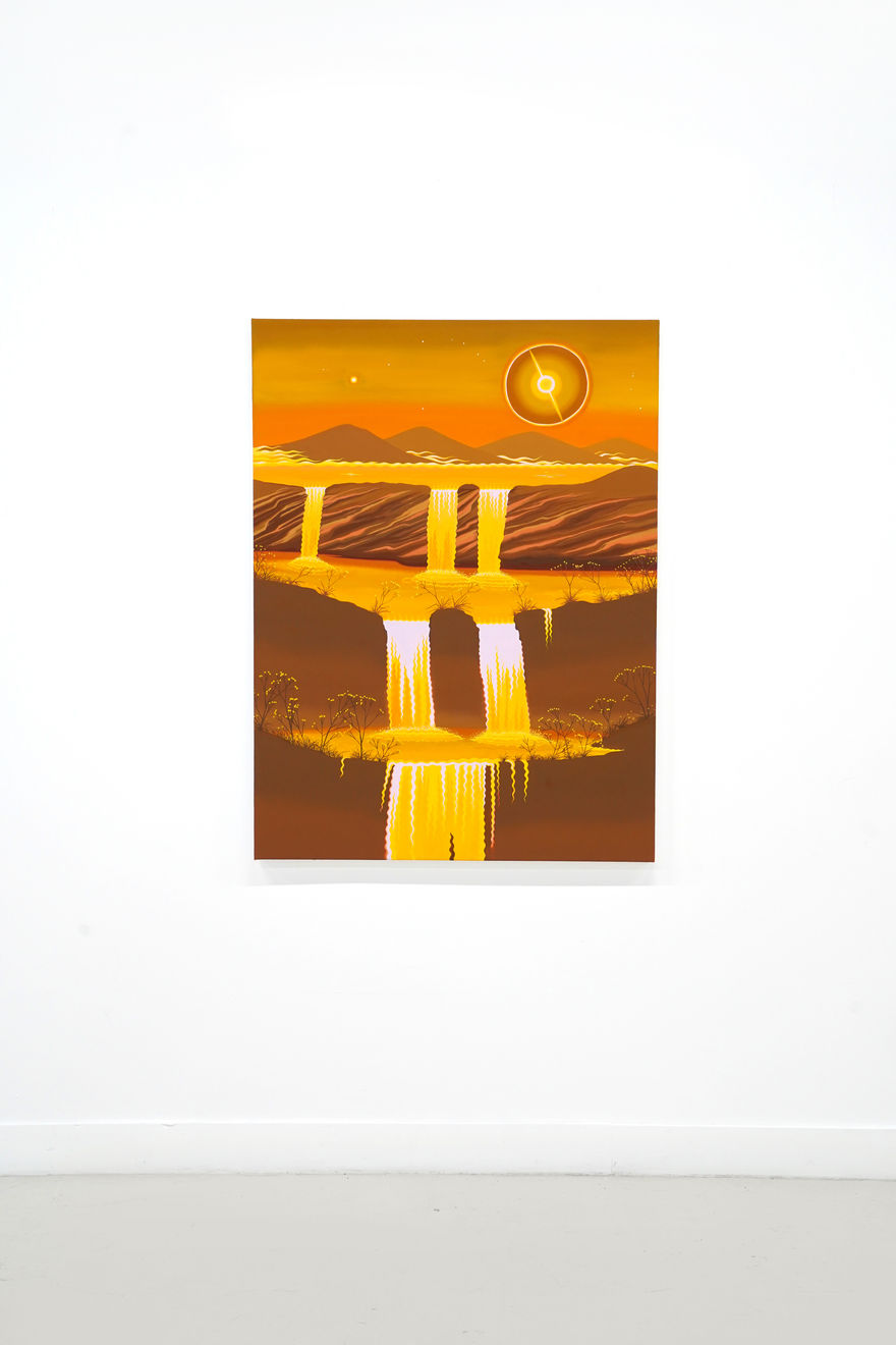 golden painting of a waterfall on a moutnain with a sun above