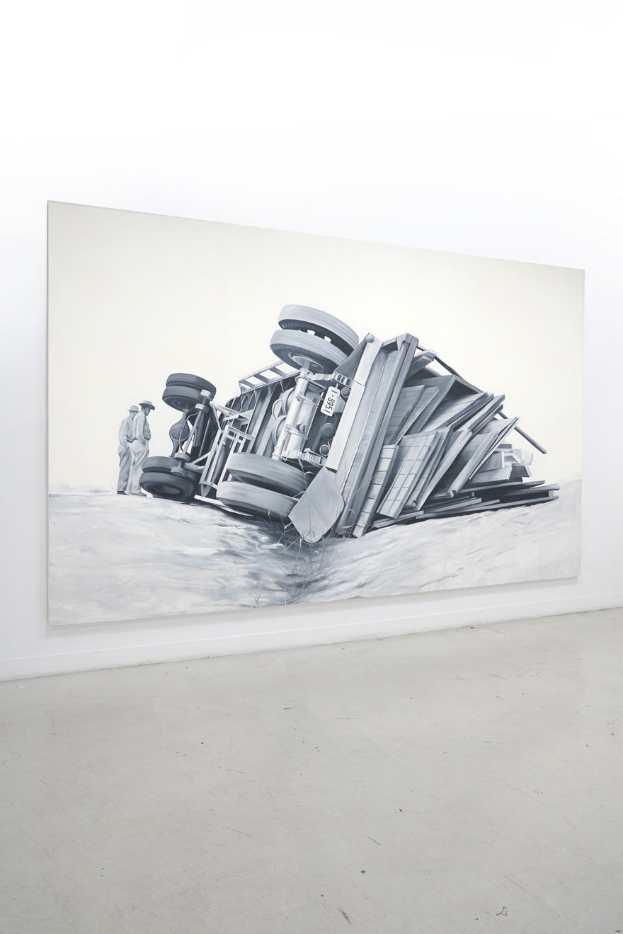 black and white painting of a truck toppled over on a road