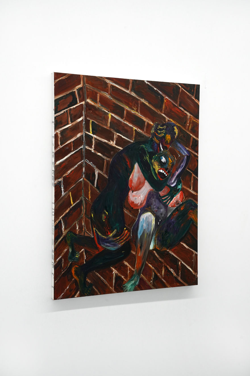 abstract painting of two people wrestling