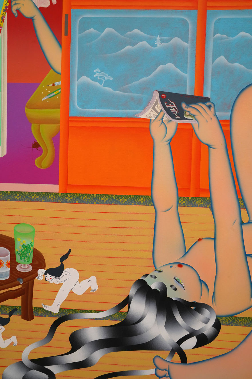 painting of two girls lounging in a living room