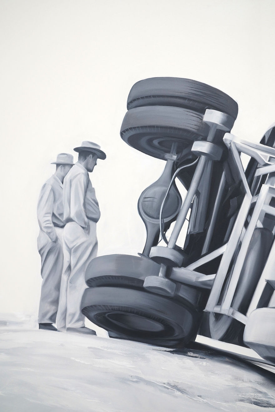 black and white painting of a truck toppled over on a road