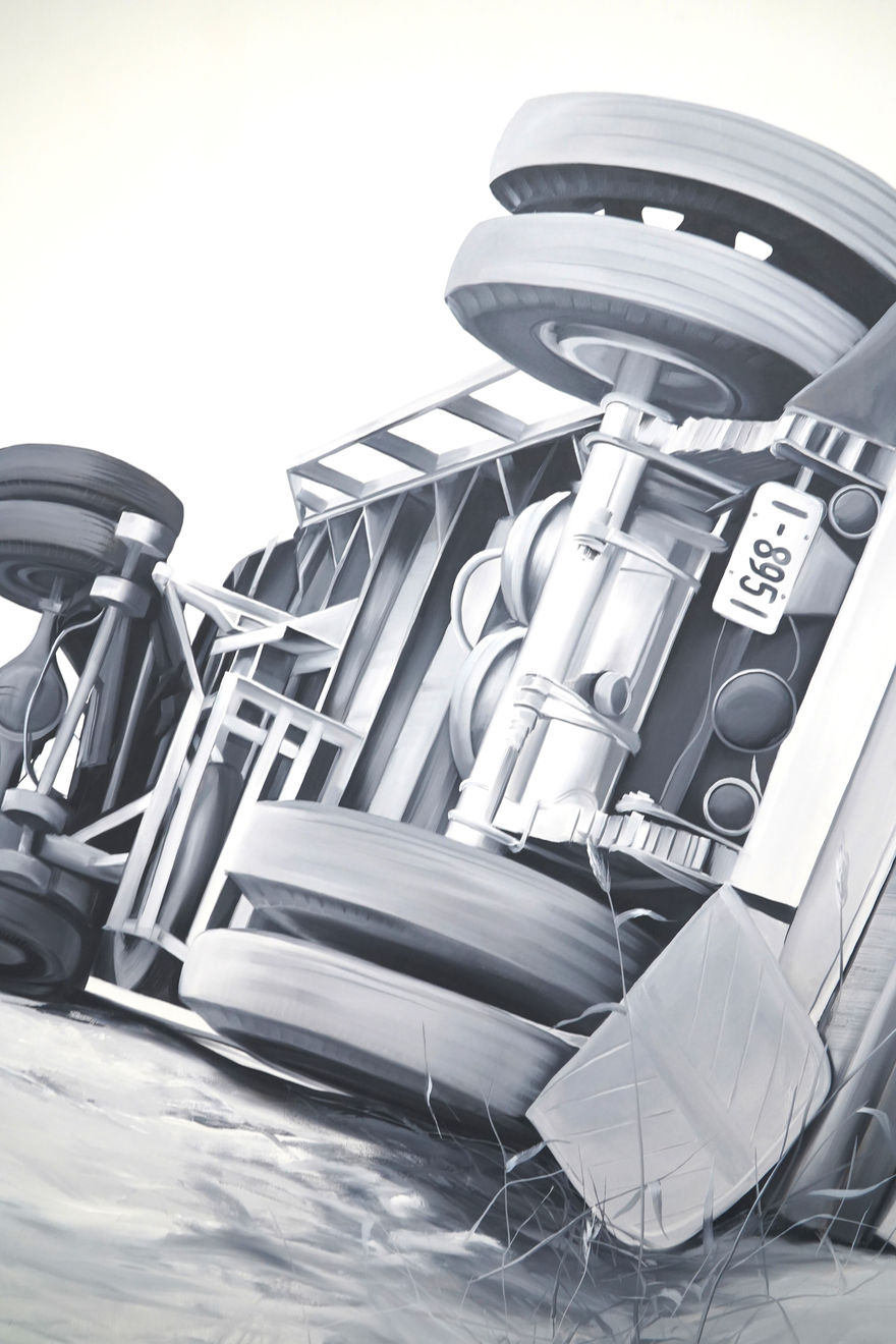 black and white painting of a truck toppled over on a road