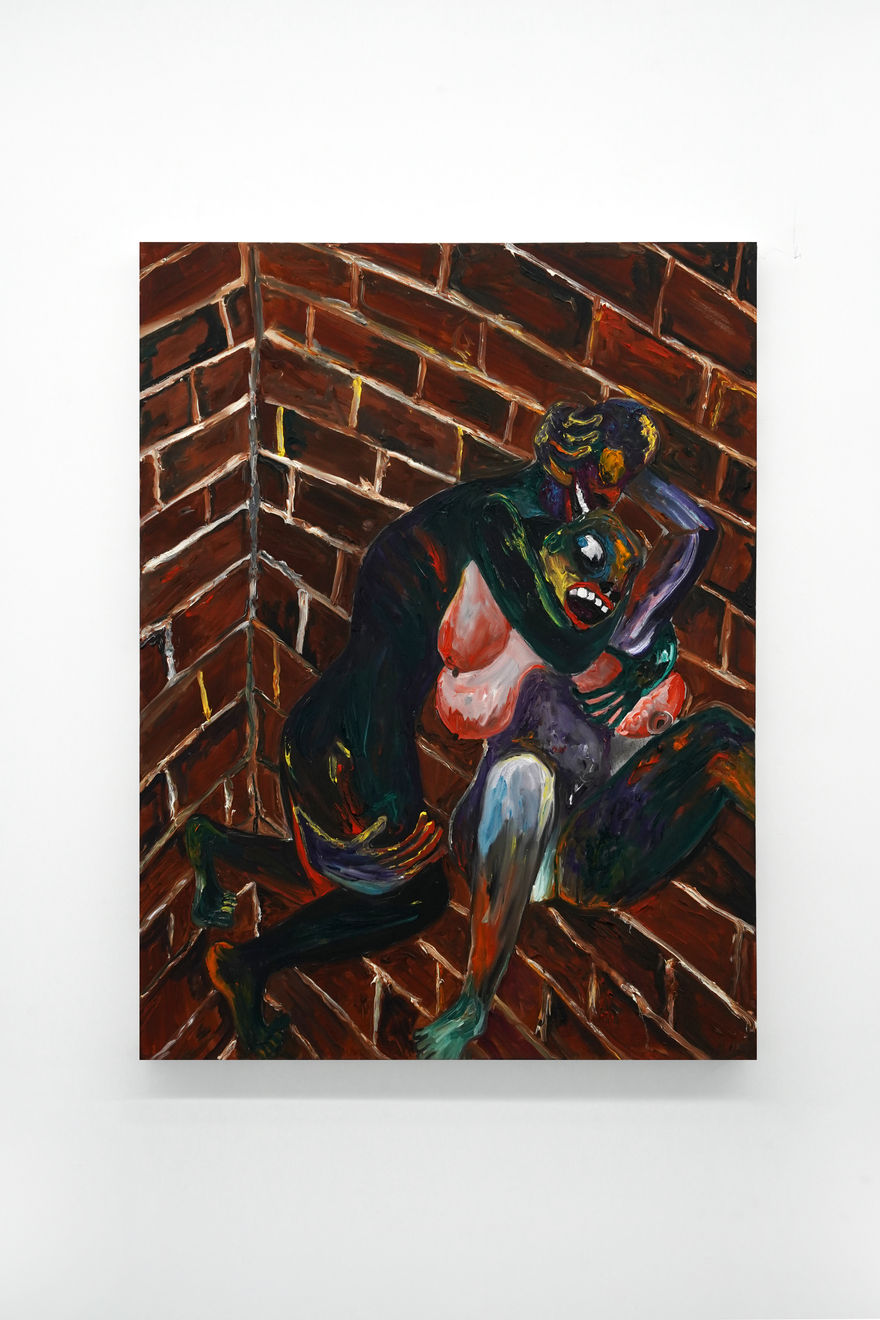 abstract painting of two people wrestling
