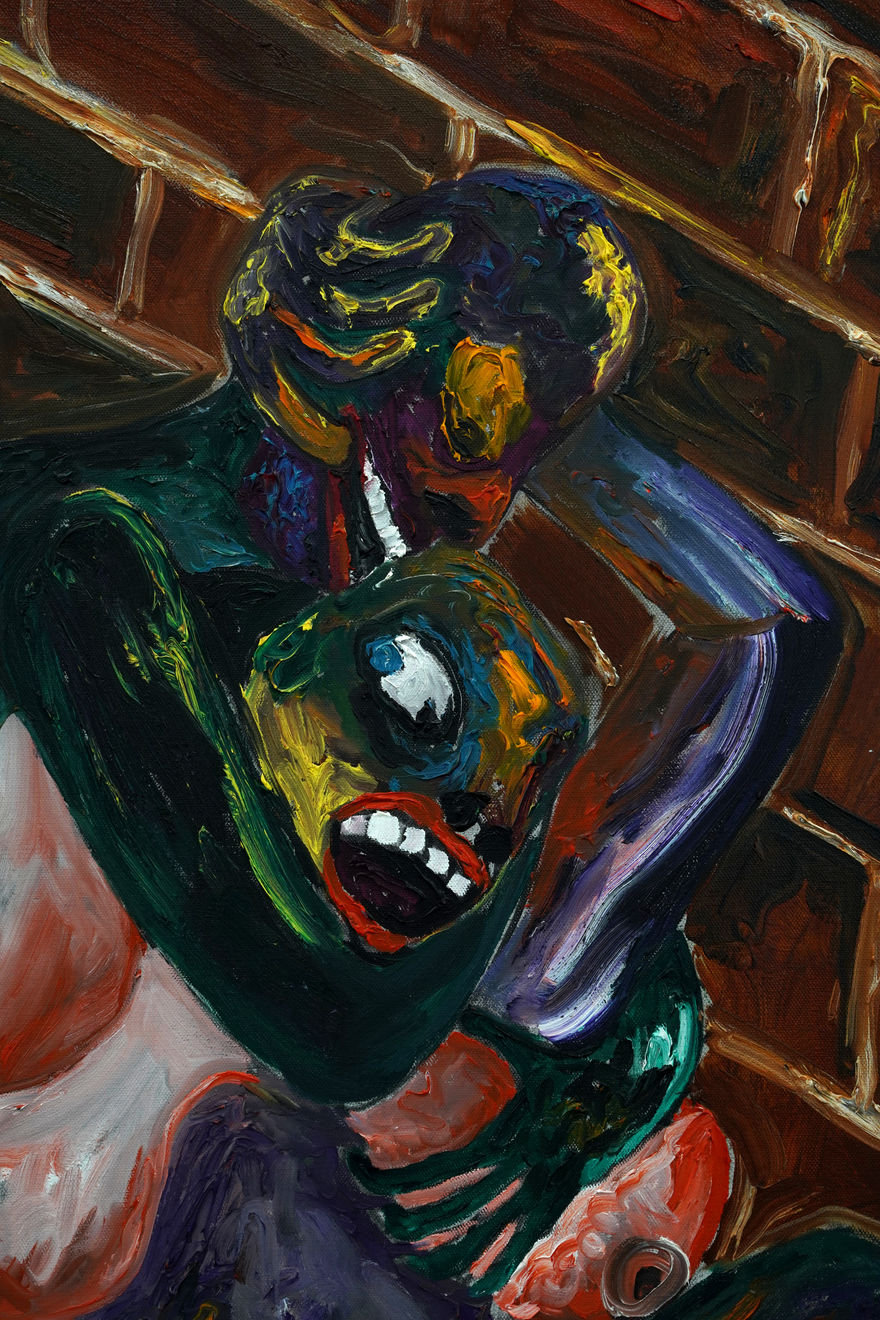 abstract painting of two people wrestling