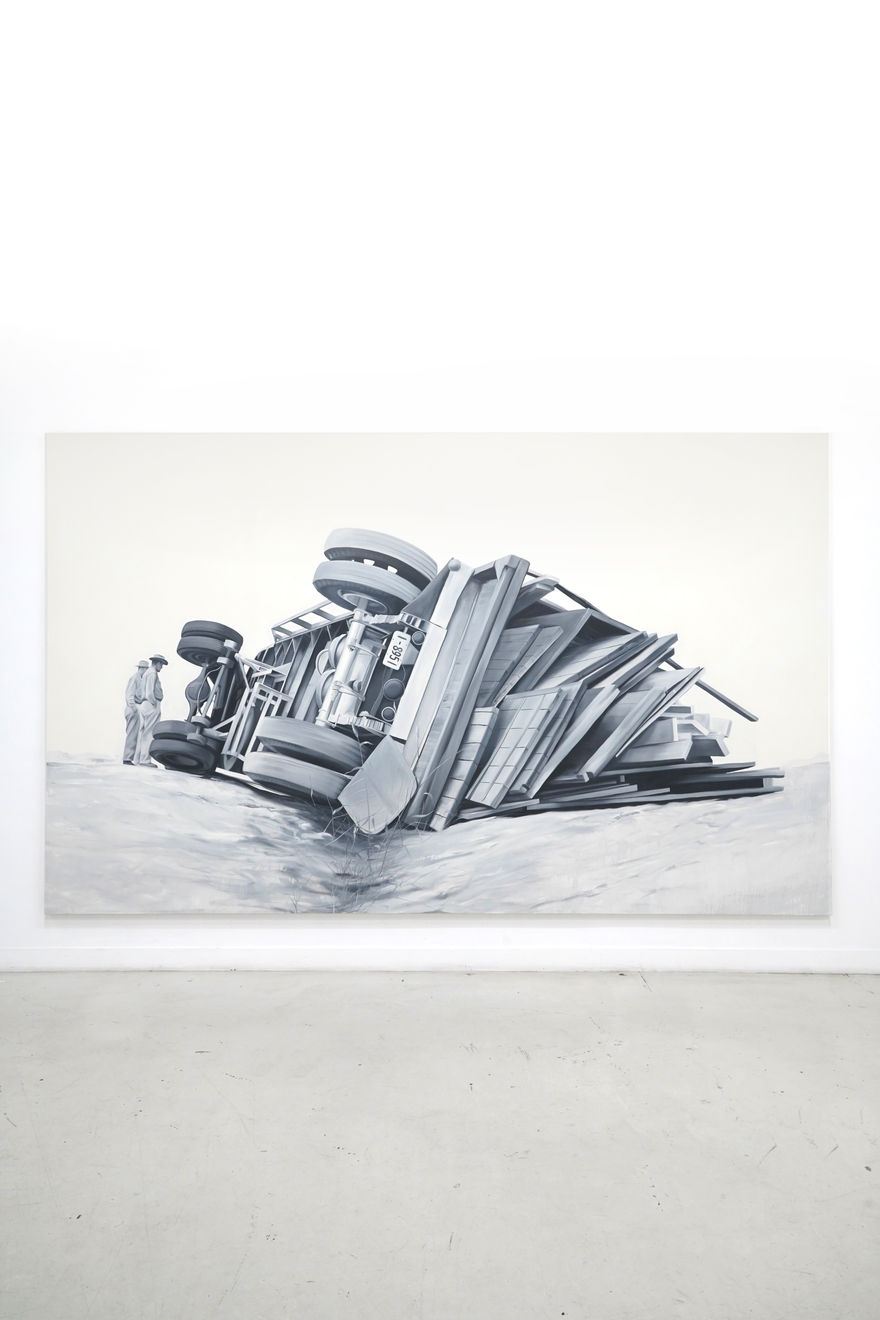 black and white painting of a truck toppled over on a road