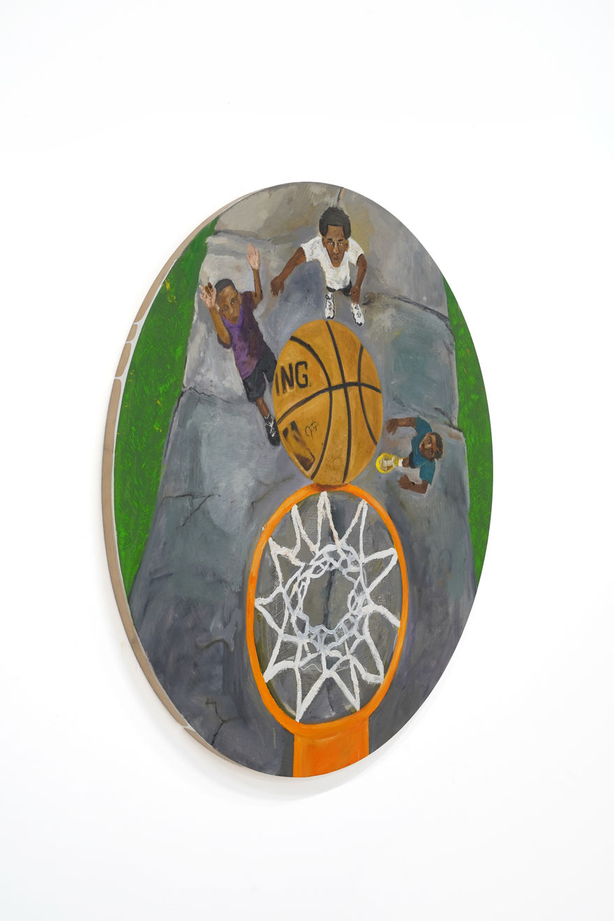 circular painting of 3 kids playing basketball by jonah elijah