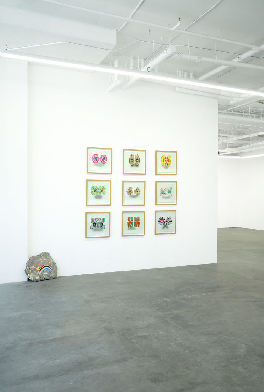 painting in a frame of 2 flowers as eyes for a facea