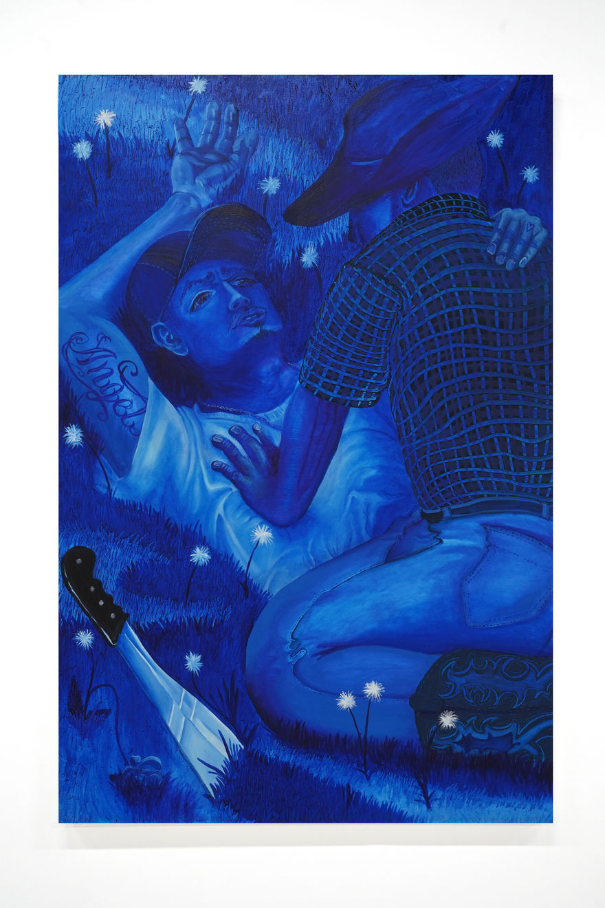 monochromatic blue painting of two men straddling each other in the grass