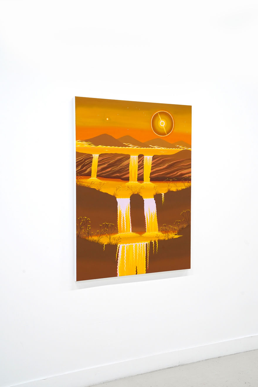 golden painting of a waterfall on a moutnain with a sun above