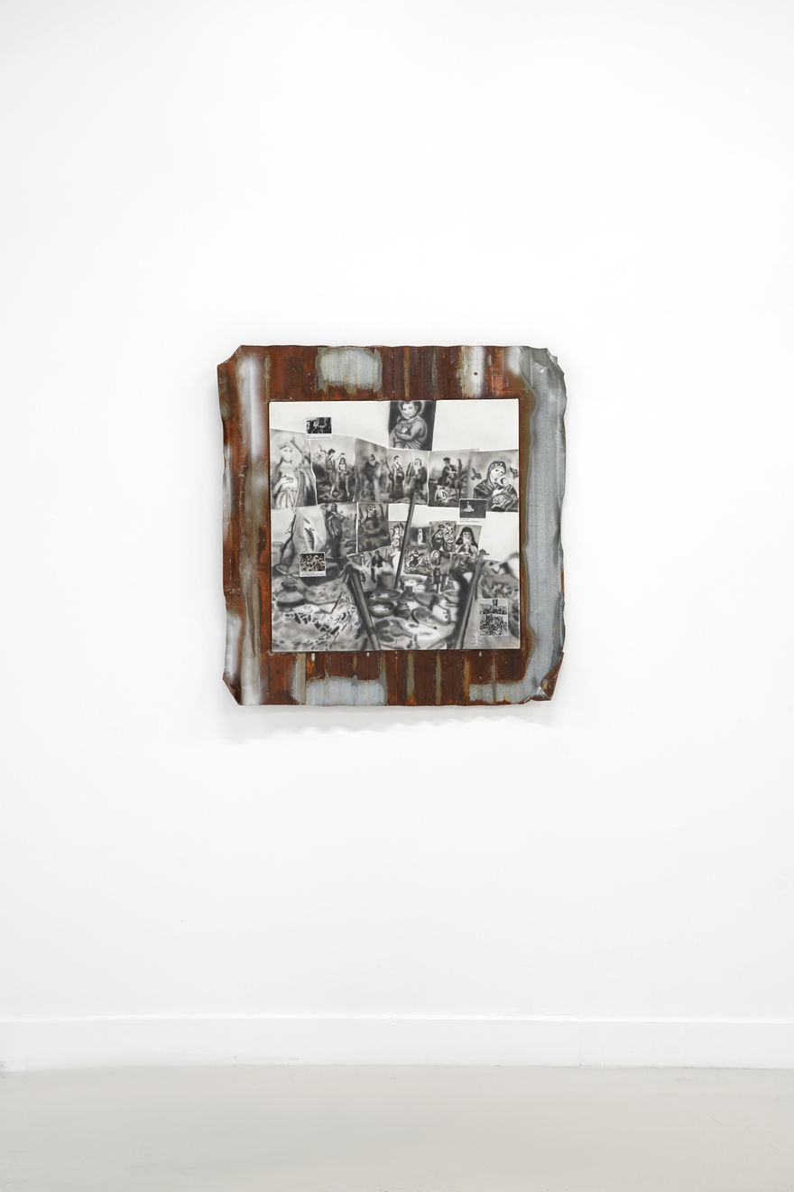 black and white painting collage on canvas mounted on metal