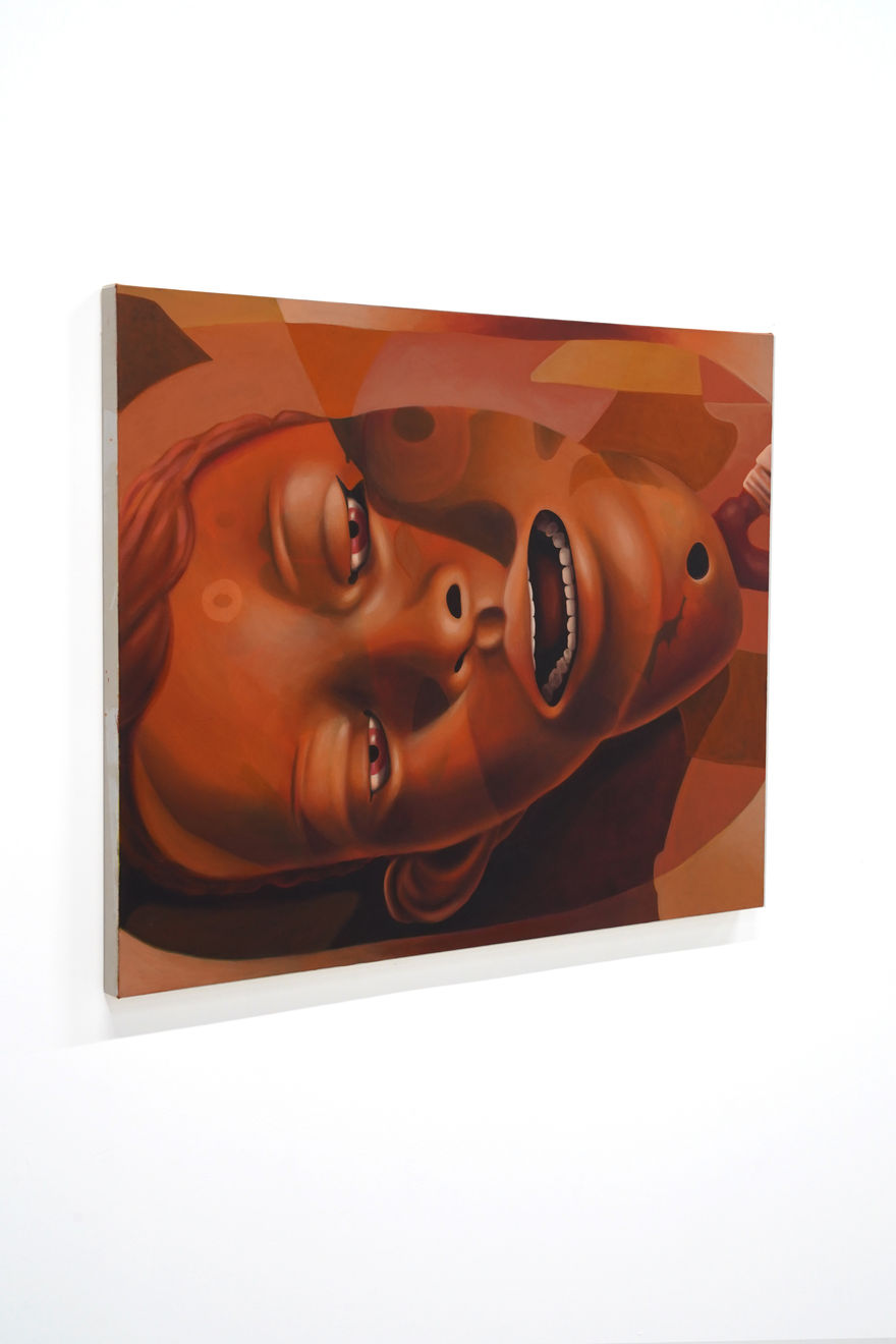 orange hued painting of a human head with its mouth open