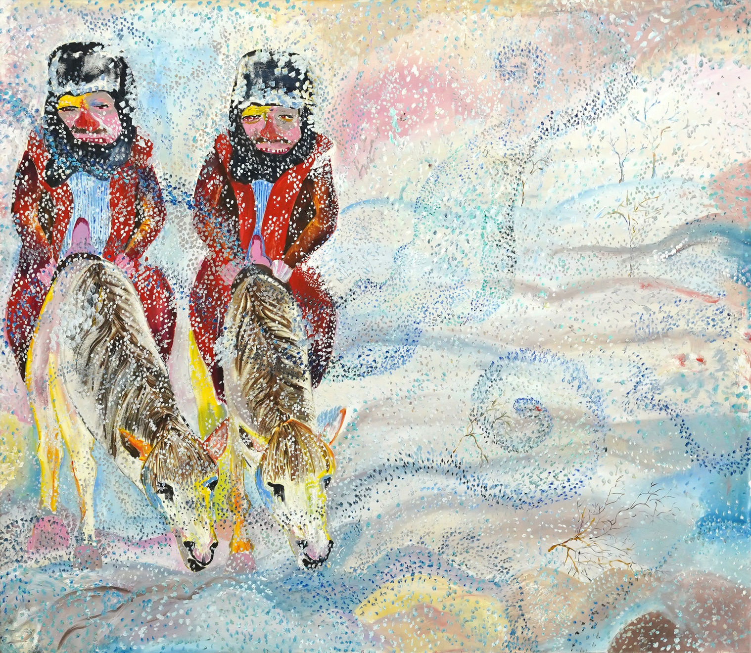 painting of two riders on white horses