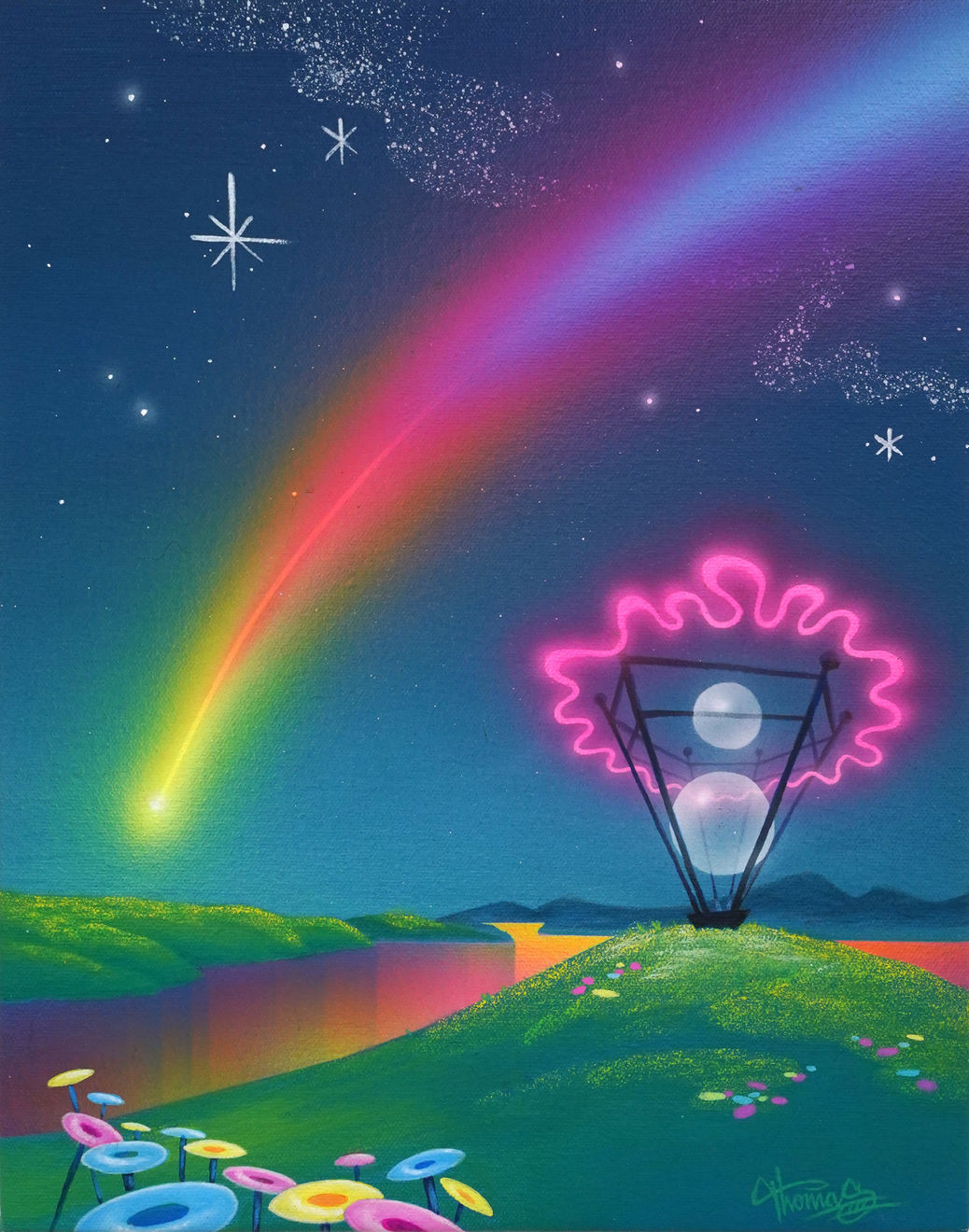 abstract landscape painting with rainbow