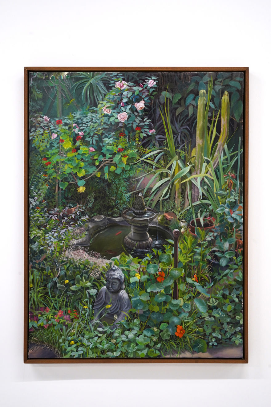 plein air painting of an overgrown backyard