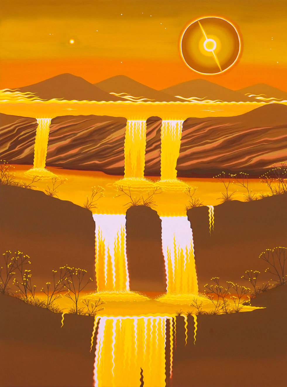 golden painting of a waterfall on a mountain with a sun above
