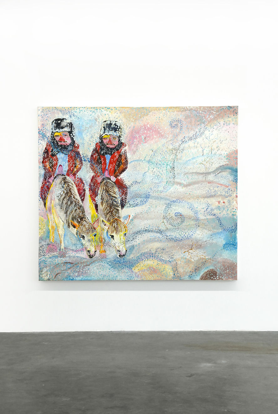 painting of two riders on white horses