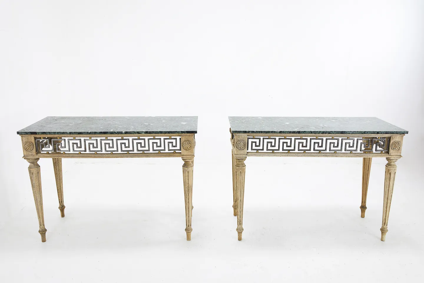 Pair of Bleached Oak Consoles with Marble Tops