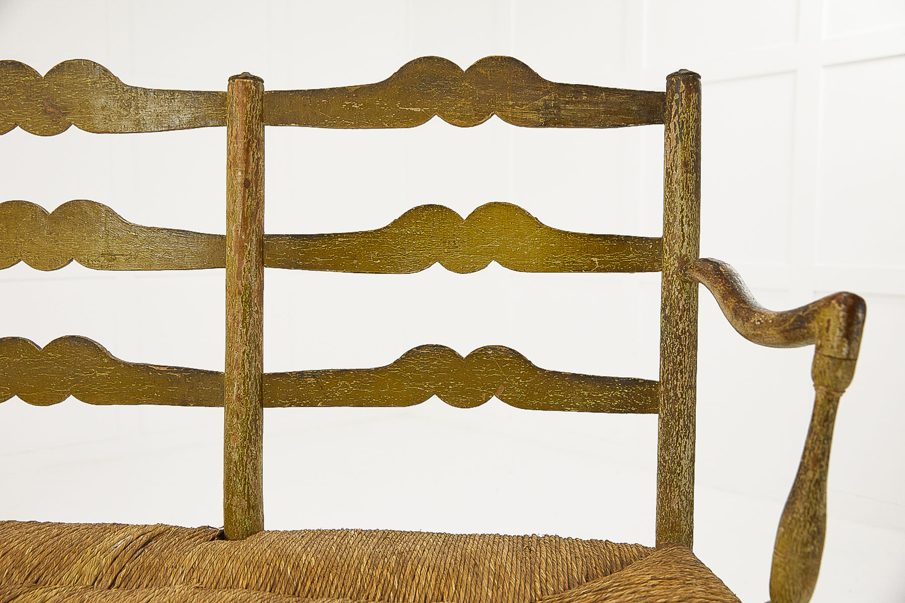 SOLD, 18th Century French Rush Seat Ladder Back Painted Sofa