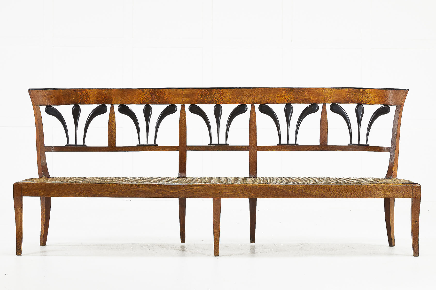 19th Century Biedermeier Walnut and Rush Seat Bench