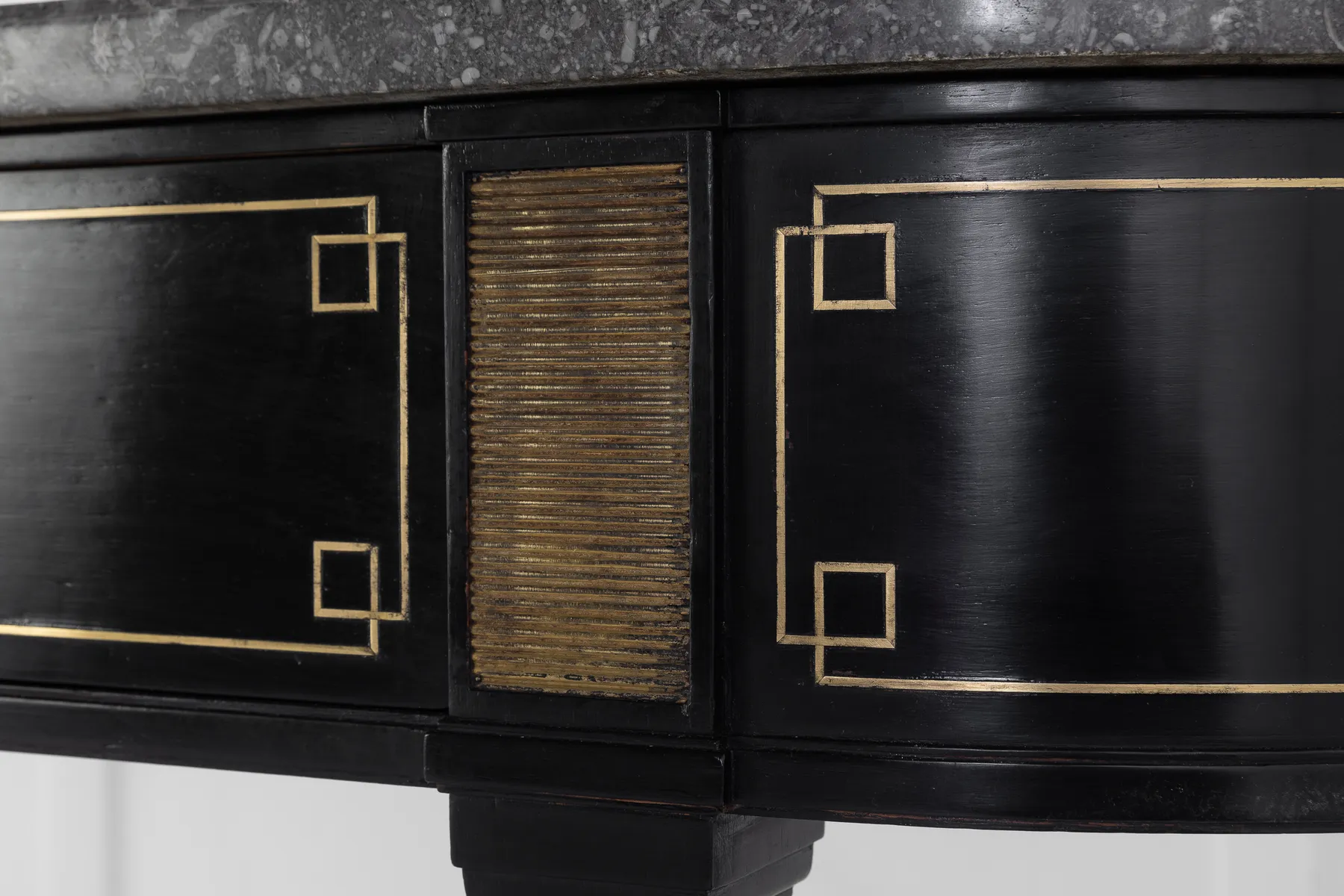 SOLD, Pair of Ebonised Console Tables with Marble Tops