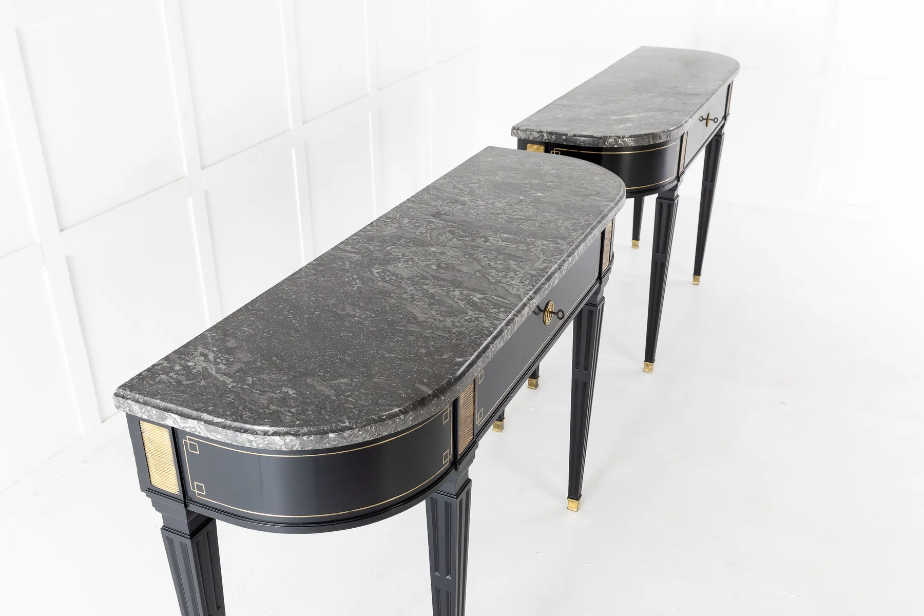 SOLD, Pair of Ebonised Console Tables with Marble Tops