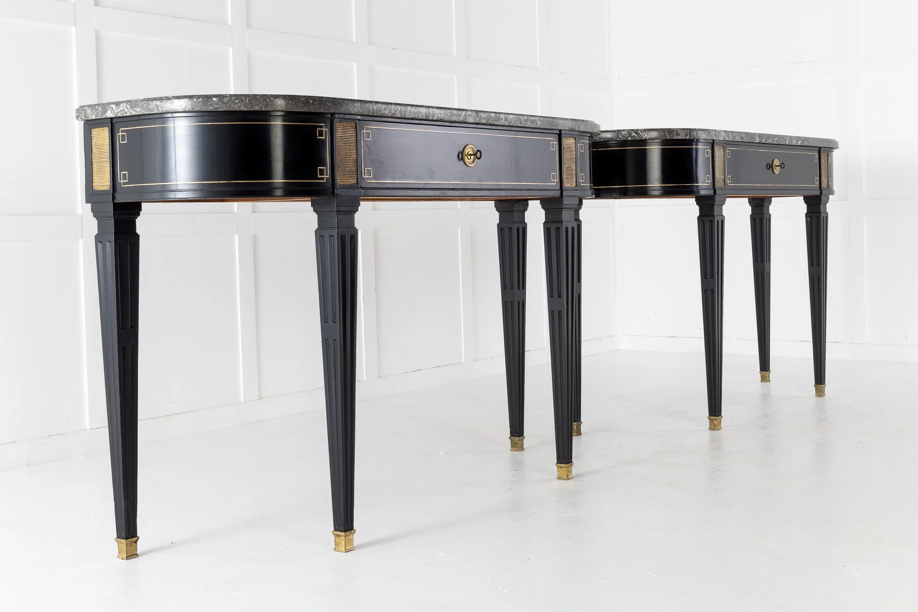 SOLD, Pair of Ebonised Console Tables with Marble Tops