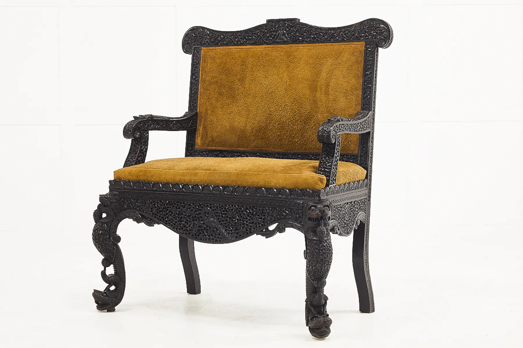 19th Century Carved Hardwood Anglo Indian Sofa in Suede