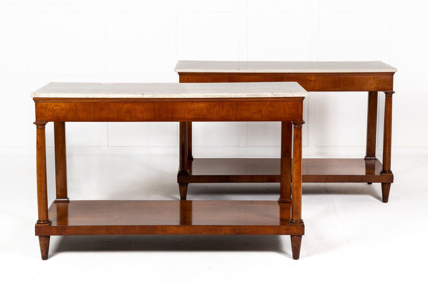 Pair of Early 19th Century Cherry Console Tables with Marble Tops