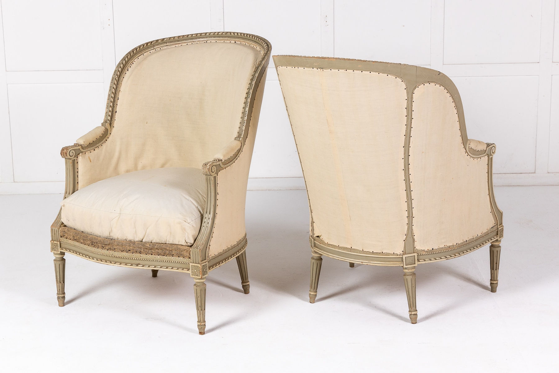 Pair of French Louis XVI Style Painted Bergère Armchairs