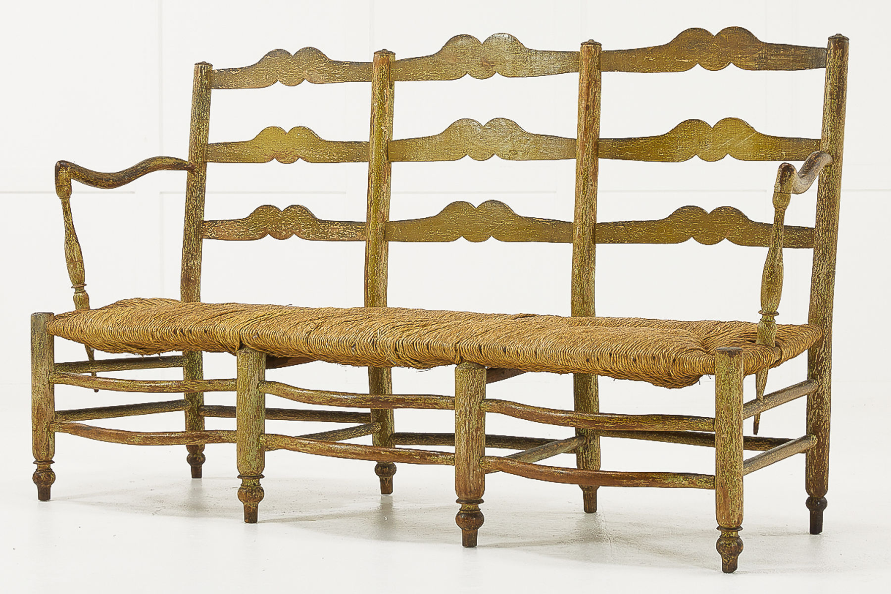 SOLD, 18th Century French Rush Seat Ladder Back Painted Sofa