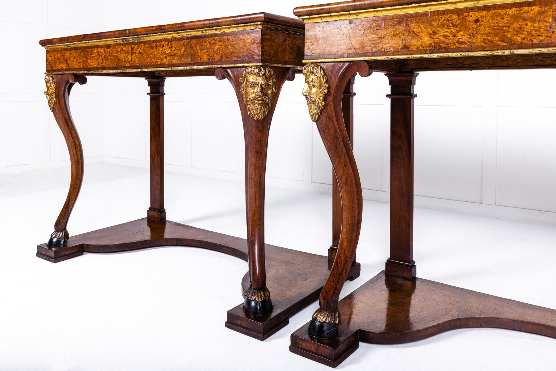Pair of Rare Early 19th Century Italian Walnut and Burr Yew Console Tables