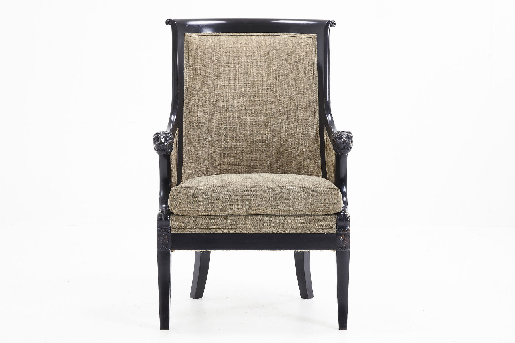 SOLD, 19th Century French Ebonised Armchair with Carved Lion's Heads