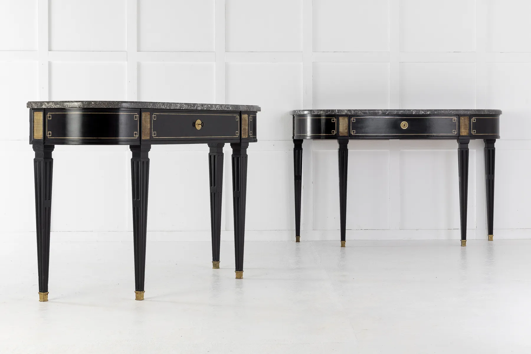 SOLD, Pair of Ebonised Console Tables with Marble Tops