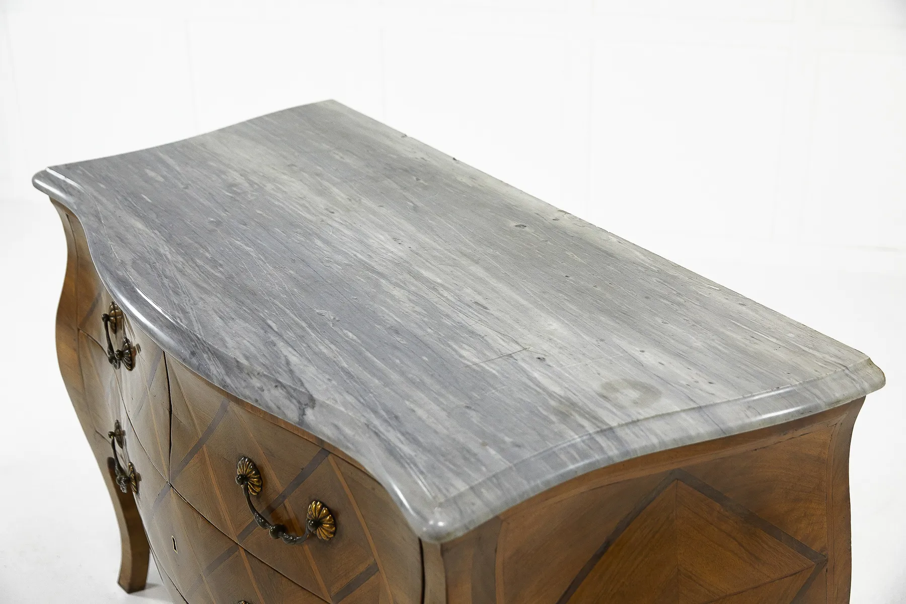 SOLD, French 18th Century Walnut Bombe Commode with Marble Top